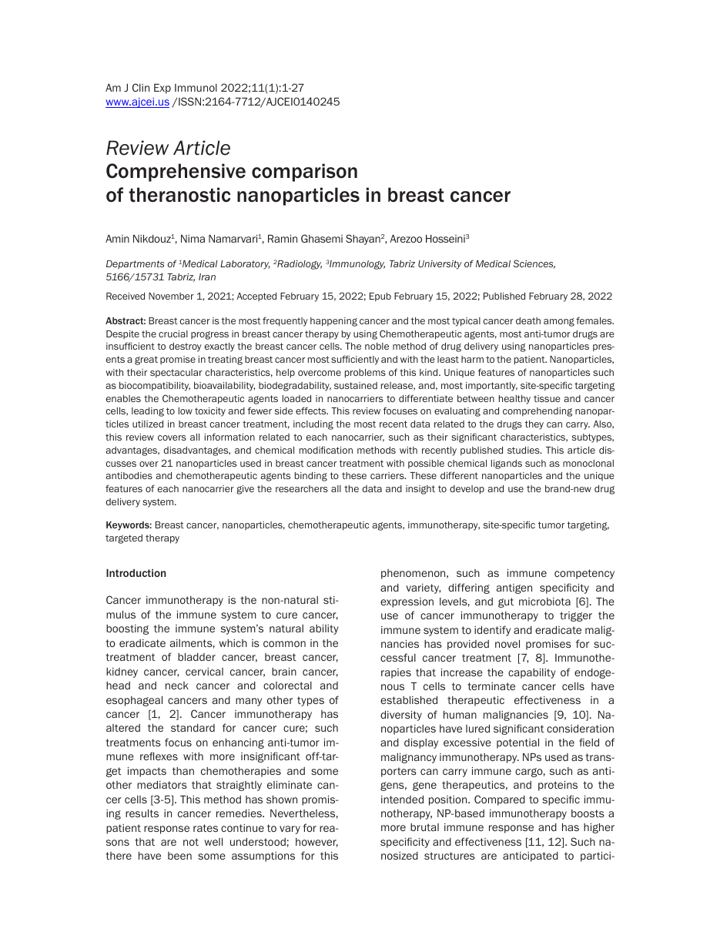 First page of Comprehensive comparison of theranostic nanoparticles in breast cancer