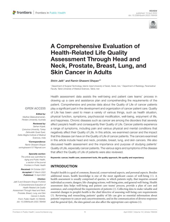 First page of A comprehensive evaluation of health-related life quality assessment through head and neck, prostate, breast, lung, and skin cancer in adults