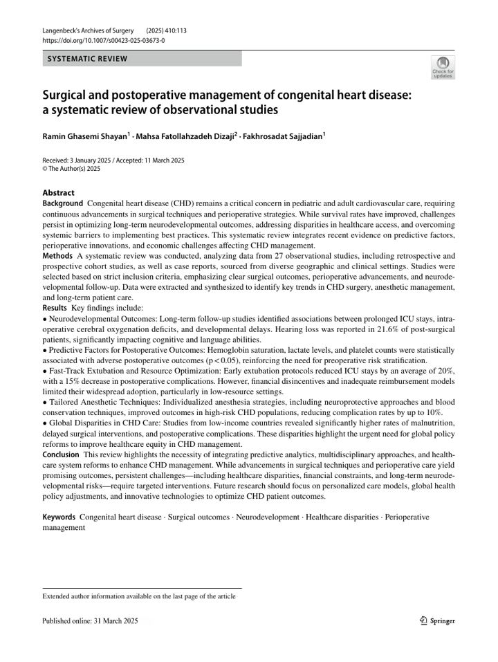 First page of Surgical and postoperative management of congenital heart disease: a systematic review of observational studies