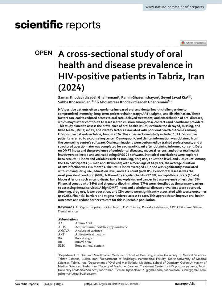 First page of A cross-sectional study of oral health and disease prevalence in HIV-positive patients in Tabriz, Iran