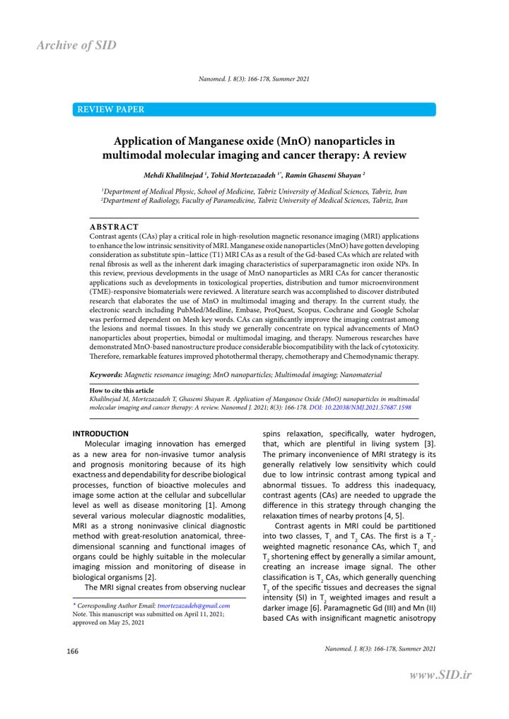 First page of Application of manganese oxide (MnO) nanoparticles in multimodal molecular imaging and cancer therapy