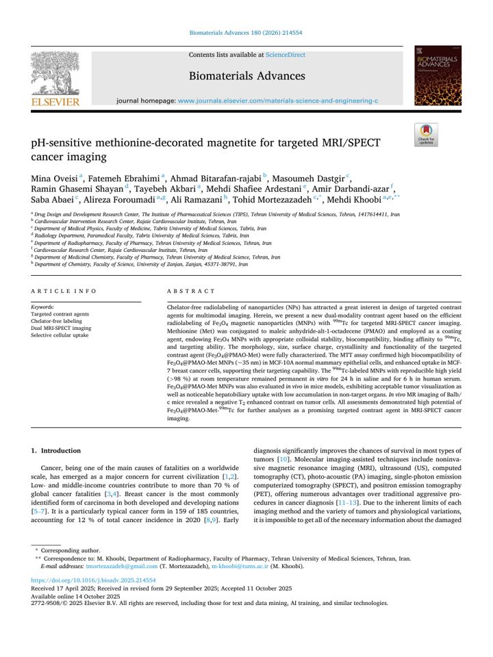 First page of pH-sensitive methionine-decorated magnetite for targeted MRI/SPECT cancer imaging