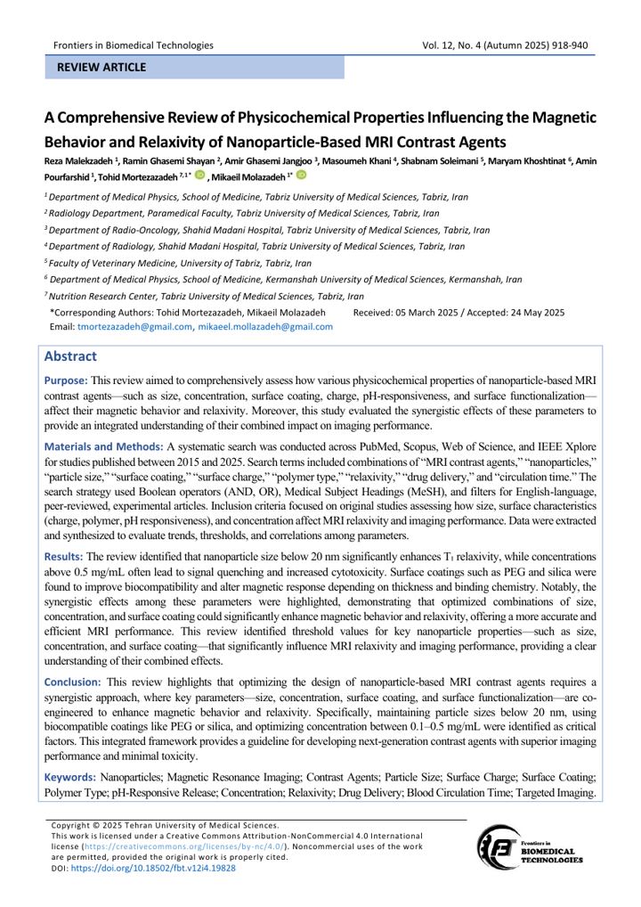 First page of A comprehensive review of physicochemical properties influencing the magnetic behavior and relaxivity of nanoparticle-based MRI contrast agents