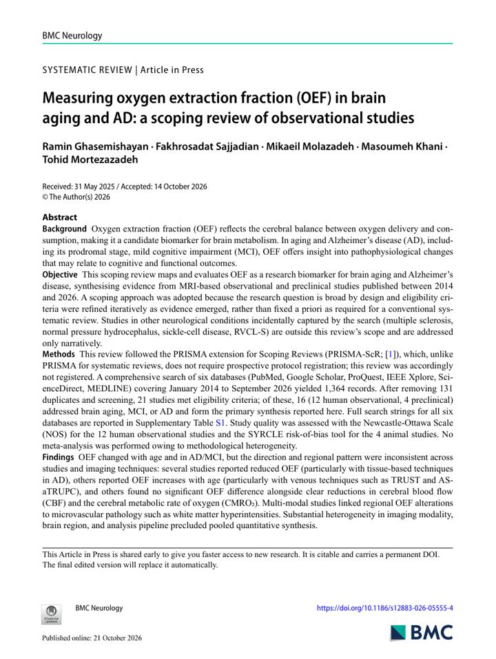 First page of Measuring oxygen extraction fraction (OEF) in brain aging and AD: a scoping review of observational studies