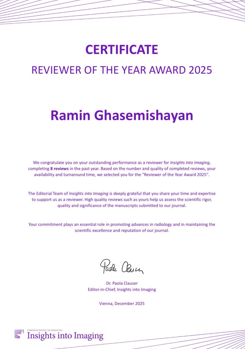 Reviewer of the Year Award 2025 certificate from Insights into Imaging